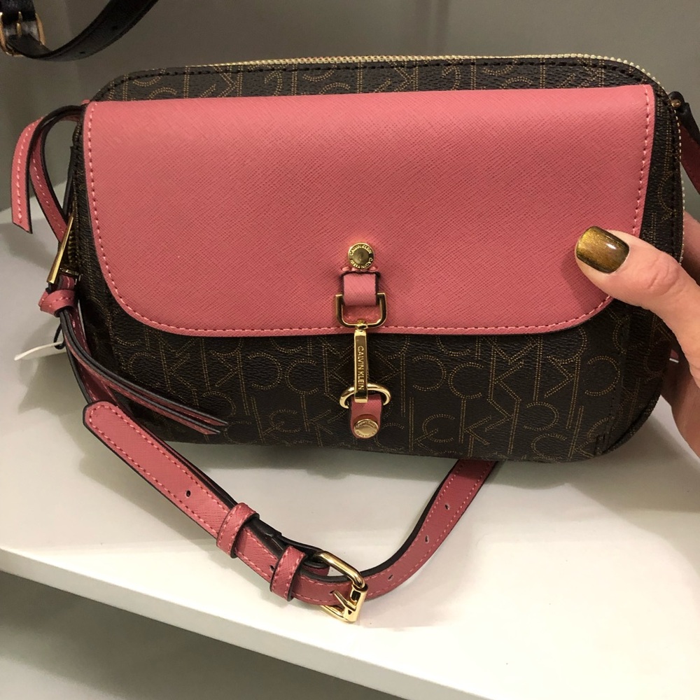 Calvin Klein Crossbody Bag in Pink and Brown with Gold Hardware